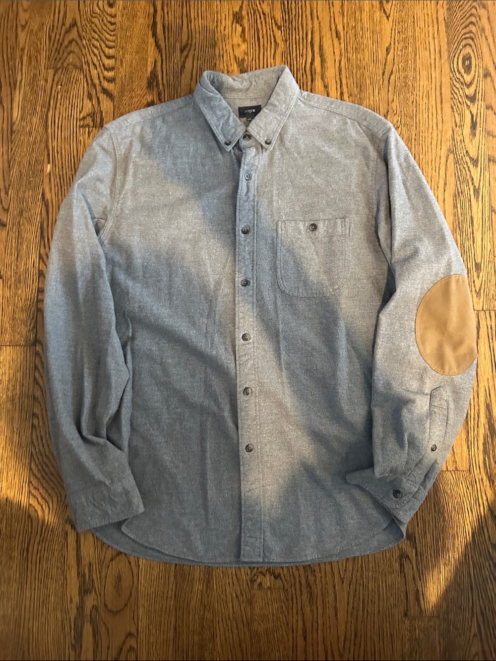 J. Crew Men's Heather Gray Button-Down Shirt with Tan Elbow Patches